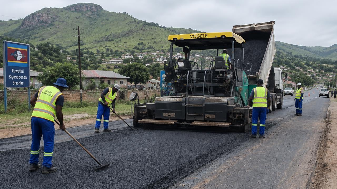 Road workers in high-visibility vests spreading fresh asphalt behind a paving machine on a town road, with green hills of Eswatini behind